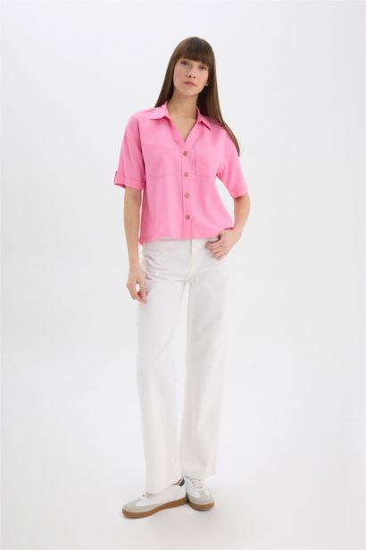 Boxy Fit Shirt Collar Linen Blended Short Sleeve Shirt