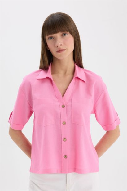 Boxy Fit Shirt Collar Linen Blended Short Sleeve Shirt