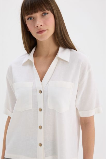 Boxy Fit Shirt Collar Linen Blended Short Sleeve Shirt
