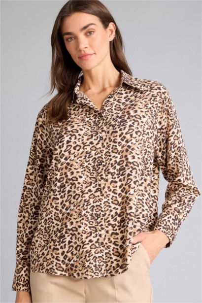 Oversize Shirt Collar Printed Long Sleeve Tunic
