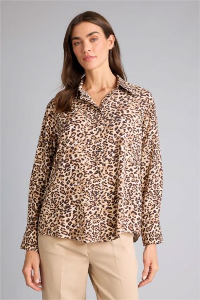 Oversize Shirt Collar Printed Long Sleeve Tunic