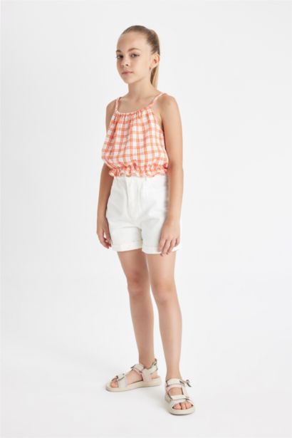 بلوزة كاروهات بناتي نص كم برتقالي قطن