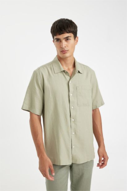 Relax Fit Yazlık Polo Yaka Keten Karışımlı Basic Düz Kısa Kollu Gömlek