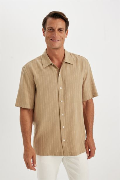 Relax Fit Polo Neck Striped Linen Shirt