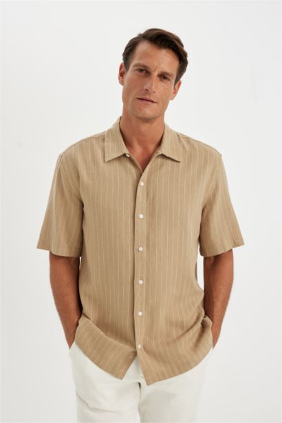 Relax Fit Polo Neck Striped Linen Shirt