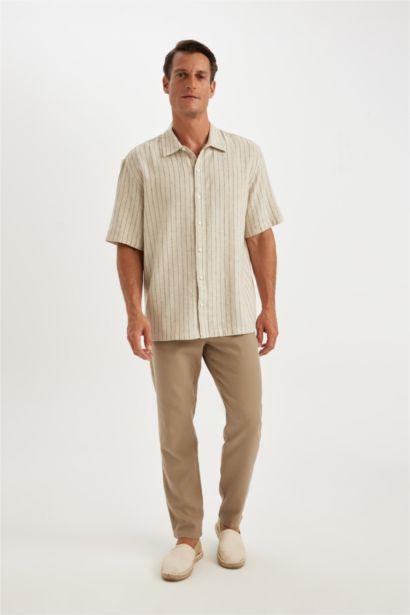 Relax Fit Polo Collar linen Striped Short Sleeve Shirt