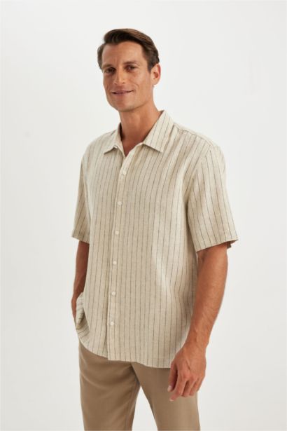 Relax Fit Polo Collar linen Striped Short Sleeve Shirt