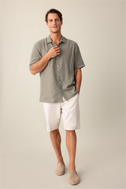 Relax Fit Polo Neck Striped Linen Shirt