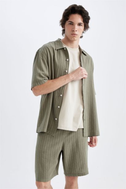 Relax Fit Polo Neck Striped Linen Shirt