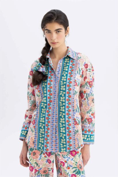 Lug Von Siga x DeFacto Desenli Poplin Uzun Kollu Gömlek