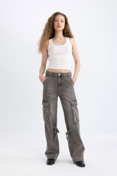 Pantalon Jean Cargo Large à Taille Haute et Jambes Longues