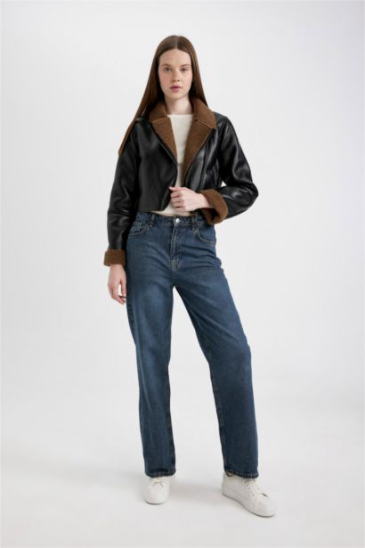 Su Geçirmez Regular Kalıp Fermuarlı İçi Suni Kürklü Kısa Suni Deri Mont