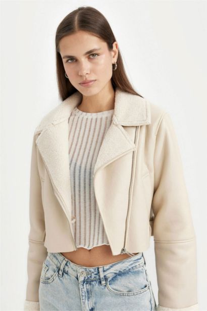 Su Geçirmez Regular Kalıp Fermuarlı İçi Suni Kürklü Kısa Suni Deri Mont