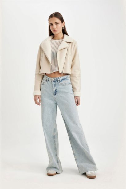 Su Geçirmez Regular Kalıp Fermuarlı İçi Suni Kürklü Kısa Suni Deri Mont