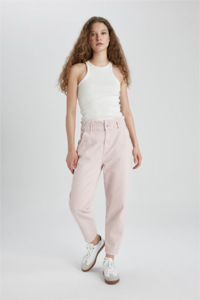 Pantalon Jean Paperbag à Taille Haute Coupe Décontractée et Cheville Dégagée