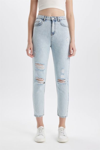 Pantalon Jean Mom Fit Taille Haute Délavé pour Fille