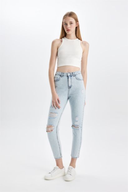 Pantalon Jean Mom Fit Taille Haute Délavé pour Fille