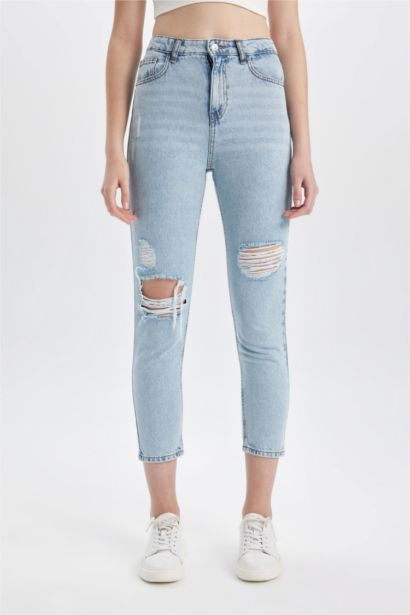 Pantalon Jean coupe Mom à Taille Haute avec Détails Déchirés