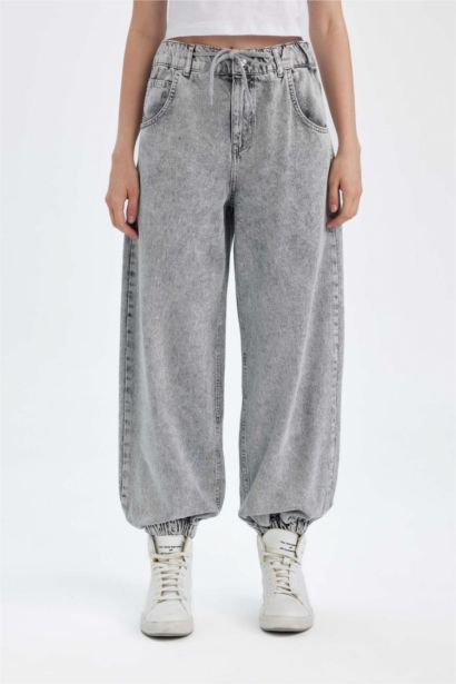 Pantalon Jogging en Jean Taille Haute Délavé