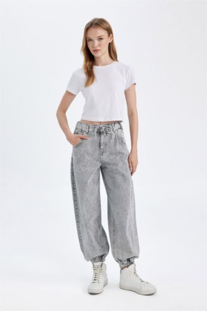 Pantalon Jogging en Jean Taille Haute Délavé