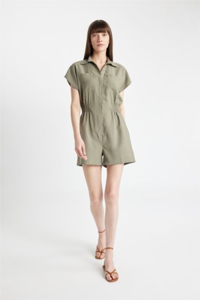 Shirt Collar Tencel Short Sleeve Jumpsuit