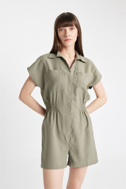 Shirt Collar Tencel Short Sleeve Jumpsuit