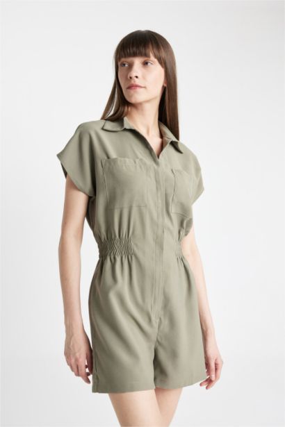 Shirt Collar Tencel Short Sleeve Jumpsuit