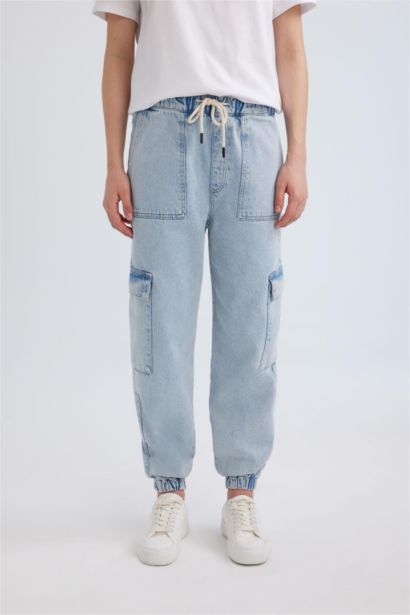 Jogging Cargo en jean Taille Haute Longueur Cheville déavé