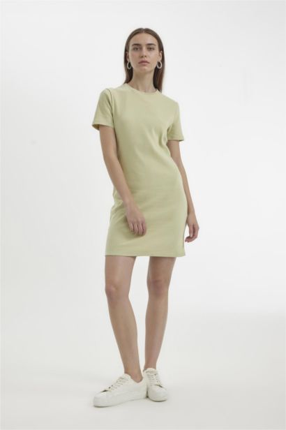 Coool Bodycon Vücudu Saran Bisiklet Yaka Fitilli Kaşkorse Kısa Kollu Mini Elbise