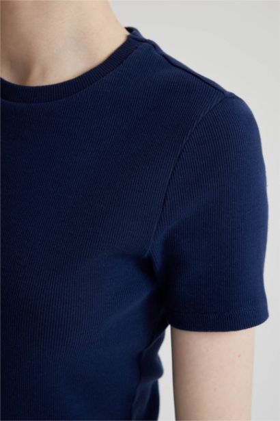 Coool Bodycon Vücudu Saran Bisiklet Yaka Fitilli Kaşkorse Kısa Kollu Mini Elbise