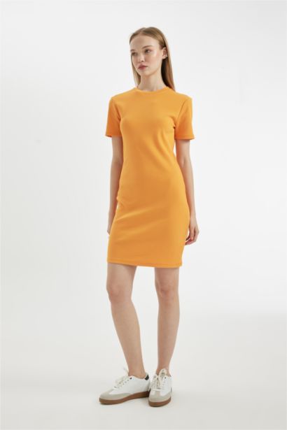 Coool Bodycon Vücudu Saran Bisiklet Yaka Fitilli Kaşkorse Kısa Kollu Mini Elbise