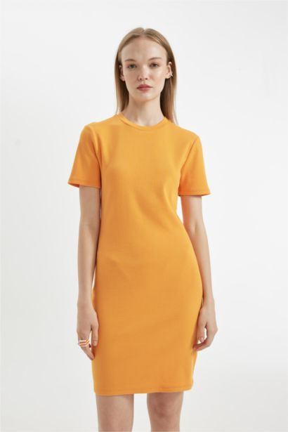 Coool Bodycon Vücudu Saran Bisiklet Yaka Fitilli Kaşkorse Kısa Kollu Mini Elbise