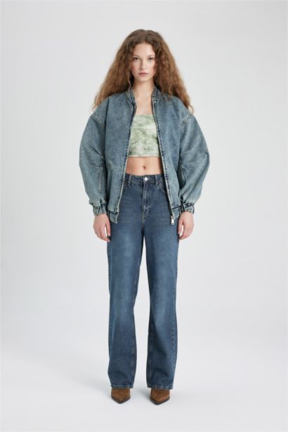 Oversize Geniş Kalıp Jean Bomber Ceket Kolej Yaka Fermuarlı Çift Cepli