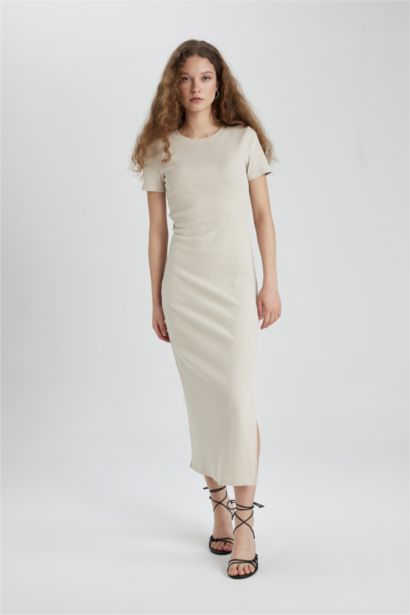 Bodycon Vücudu Saran Bisiklet Yaka Fitilli Kaşkorse Kısa Kollu Maxi Elbise