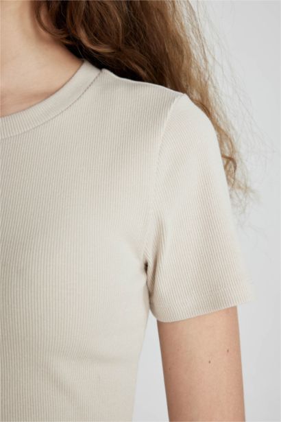 Bodycon Vücudu Saran Bisiklet Yaka Fitilli Kaşkorse Kısa Kollu Maxi Elbise