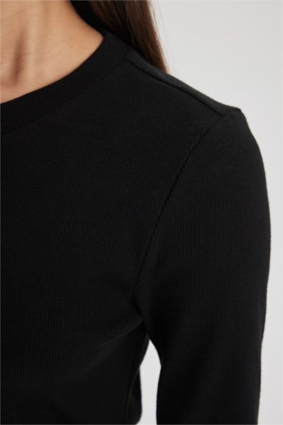 Bodycon Vücudu Saran Bisiklet Yaka Fitilli Kaşkorse Uzun Kollu Maxi Elbise