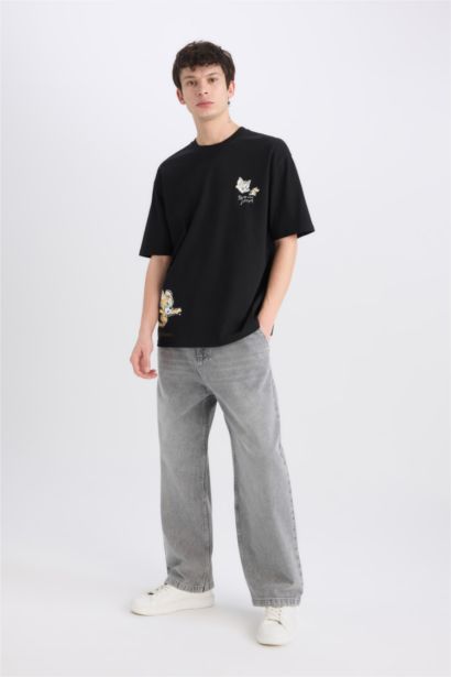 %100 Pamuk Tom & Jerry Oversize Geniş Kalıp Bisiklet Yaka Sırt Baskılı Kısa Kollu Tişört