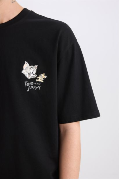 %100 Pamuk Tom & Jerry Oversize Geniş Kalıp Bisiklet Yaka Sırt Baskılı Kısa Kollu Tişört