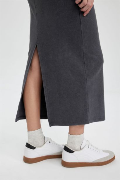 Bodycon Bisiklet Yaka Fitilli Kaşkorse Maxi Uzun Kollu Yıkamalı Soluk Efektli Elbise