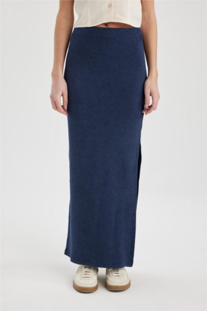 Fitilli Kaşkorse Yırtmaçlı Yıkamalı Soluk Efektli Maxi Etek