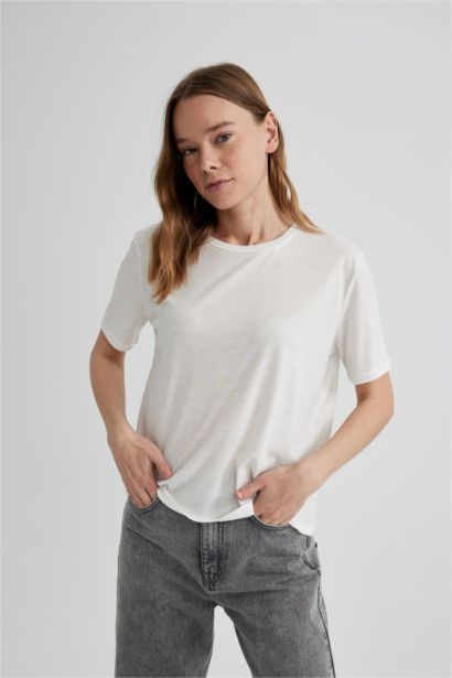 Relax Fit Crew Neck Glitter Fabric Short Sleeve T-Shirt