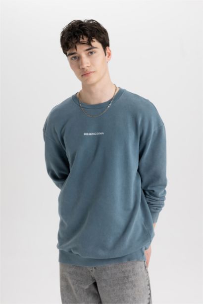 %100 Pamuk Comfort Regular Fit Rahat Kalıp Bisiklet Yaka Sırt Baskılı Yıkamalı Soluk Efektli Sweatshirt