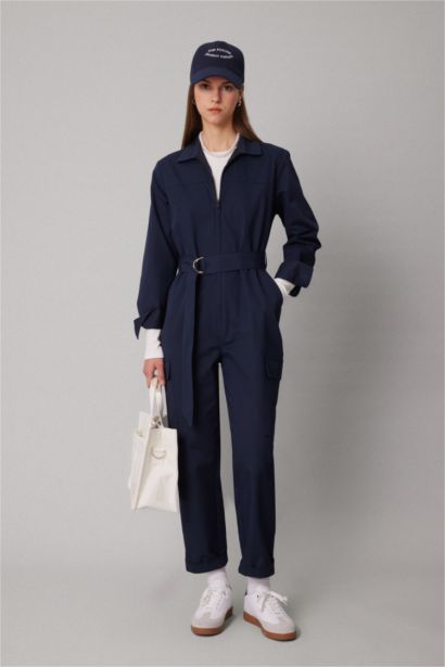 Shirt Collar Gabardine Long Sleeve Belted Jumpsuit