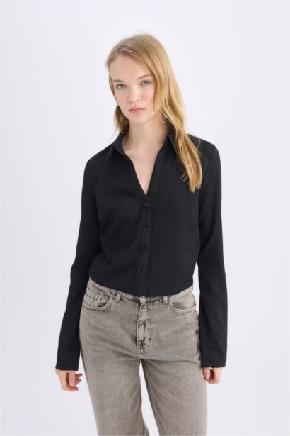 Chemise longue slim à manches longues en tissu gaufré - Coool