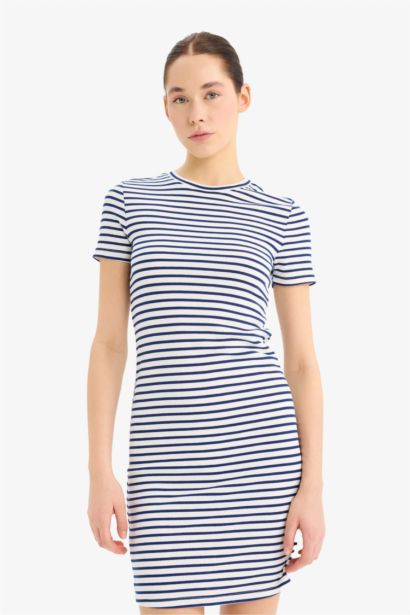 Bodycon Vücudu Saran Bisiklet Yaka Çizgili Fitilli Kaşkorse Kısa Kollu Mini Elbise