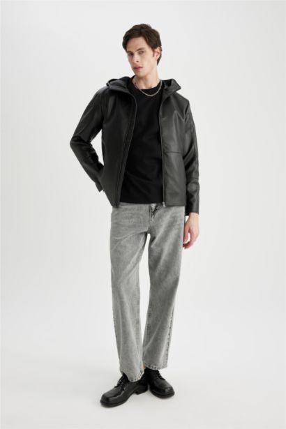 Slim Fit Suni Deri Ceket Mont Dar Kesim Kapüşonlu Fermuarlı Cepli Mevsimlik