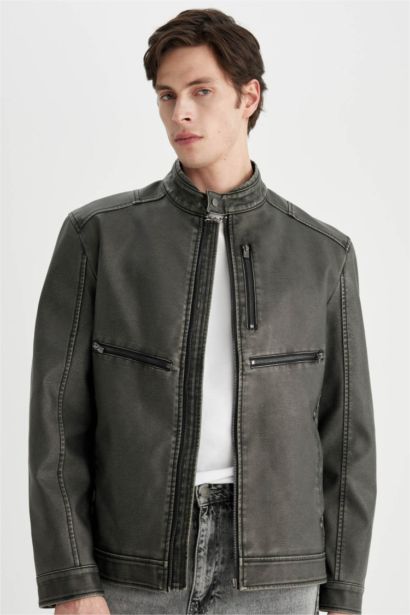 Slim Fit Dar Kesim Suni Deri Mont Ceket Dar Kesim Dik Yaka Fermuarlı Cepli Mevsimlik 