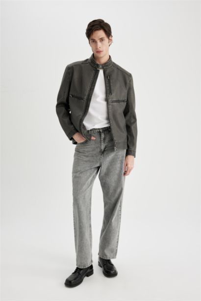 Slim Fit Dar Kesim Suni Deri Mont Ceket Dar Kesim Dik Yaka Fermuarlı Cepli Mevsimlik 