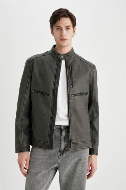 Slim Fit Dar Kesim Suni Deri Mont Ceket Dar Kesim Dik Yaka Fermuarlı Cepli Mevsimlik 