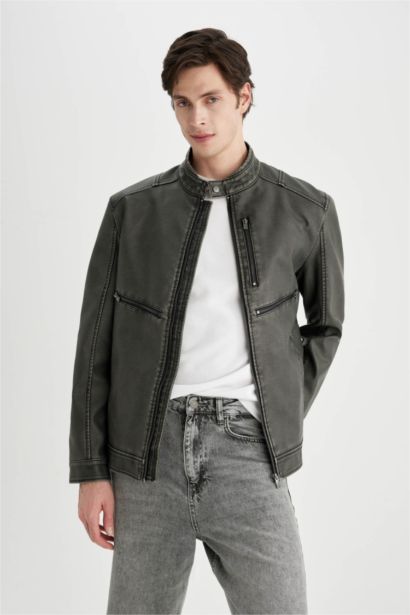 Slim Fit Dar Kesim Suni Deri Mont Ceket Dar Kesim Dik Yaka Fermuarlı Cepli Mevsimlik 